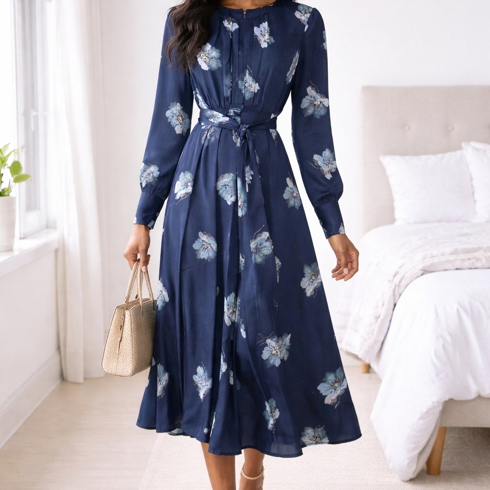 Club Monaco Navy Floral Long-Sleeve Midi Dress with Tie Waist